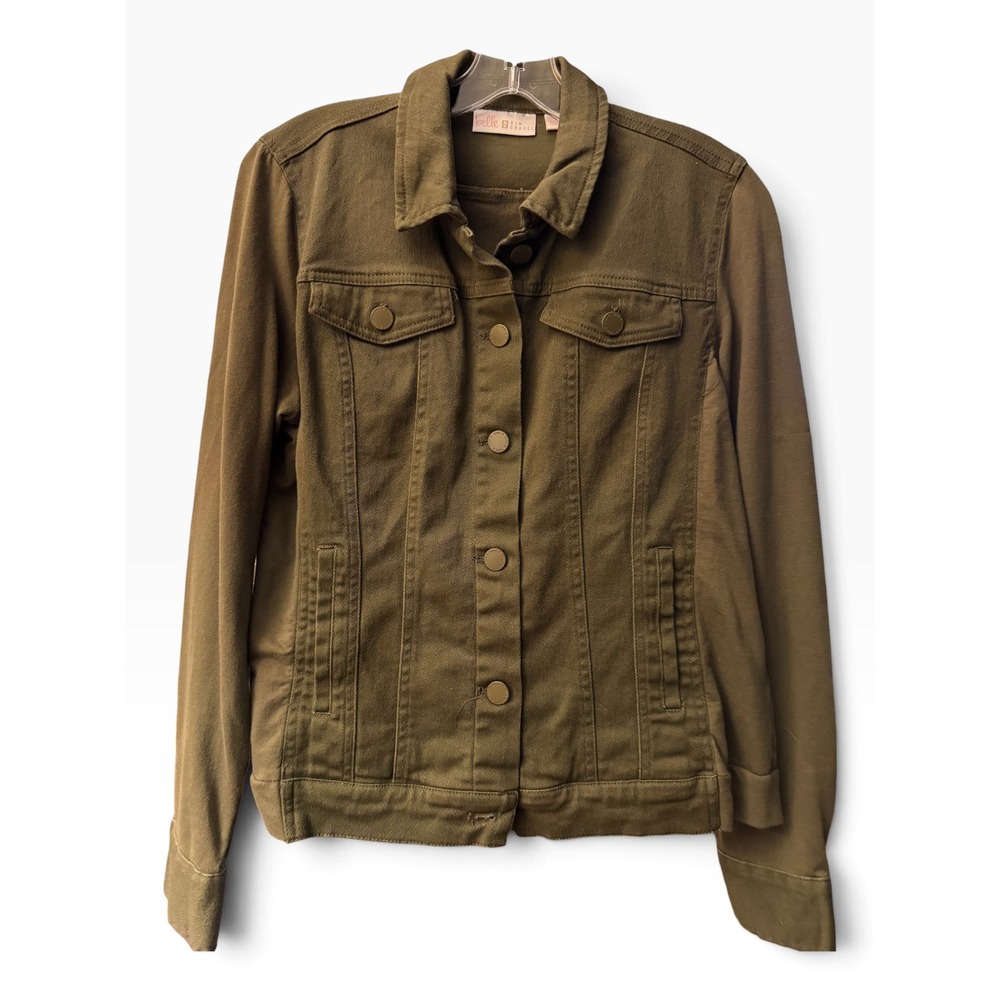 Belle by Kim Gravel Olive Green Mixed Media Denim Knit Jacket XS